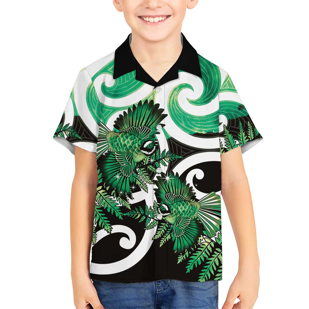 Piwakawaka New Zealand Matariki Kid Hawaiian Shirt Maori New Year Silver Fern Green Galaxy LT14 Kid Green - Polynesian Pride