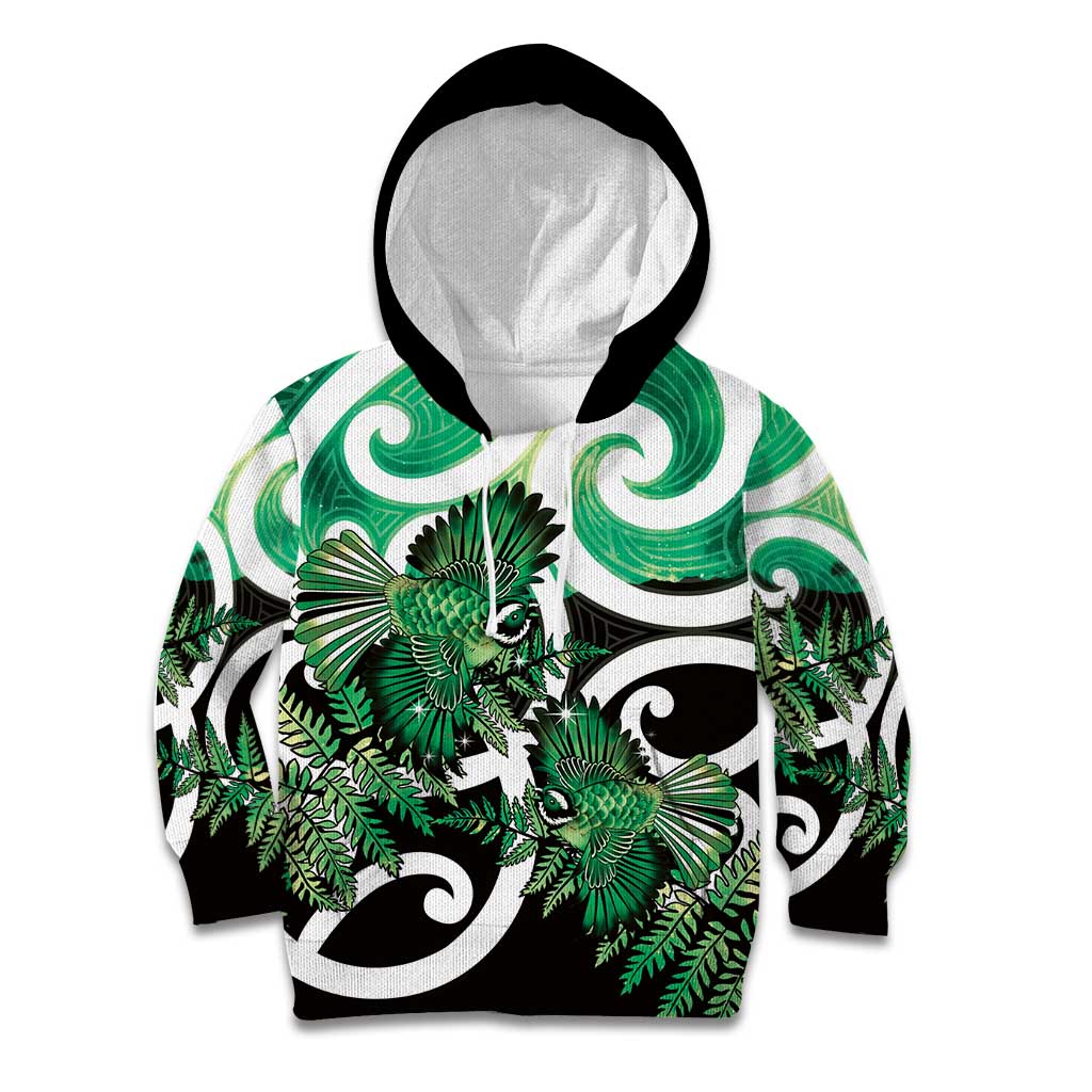 Piwakawaka New Zealand Matariki Kid Hoodie Maori New Year Silver Fern Green Galaxy LT14 Hoodie Green - Polynesian Pride
