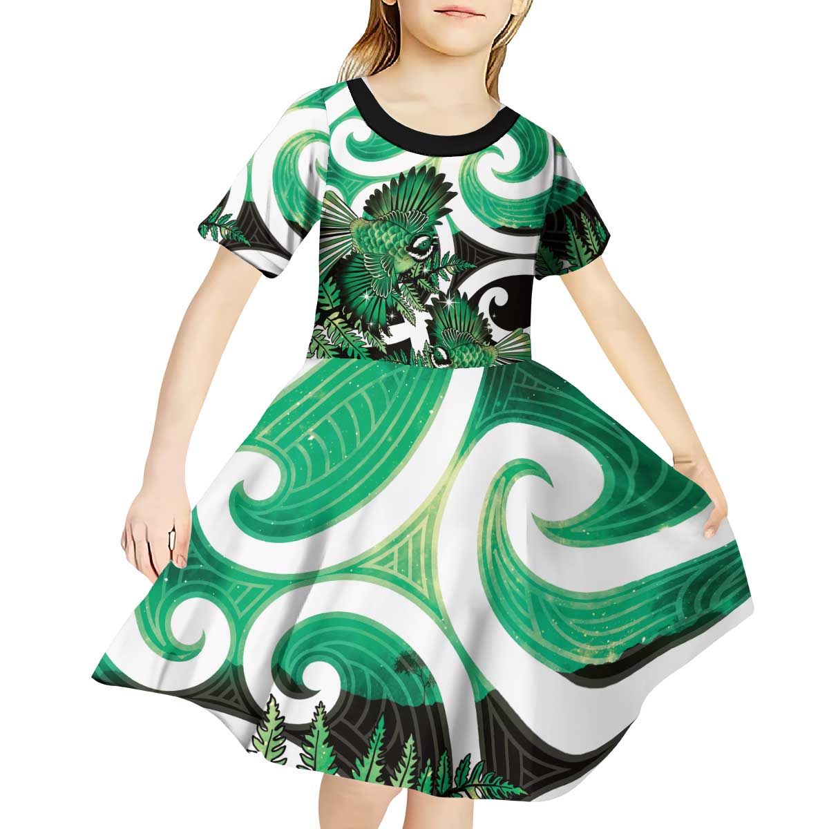 Piwakawaka New Zealand Matariki Kid Short Sleeve Dress Maori New Year Silver Fern Green Galaxy LT14 - Polynesian Pride