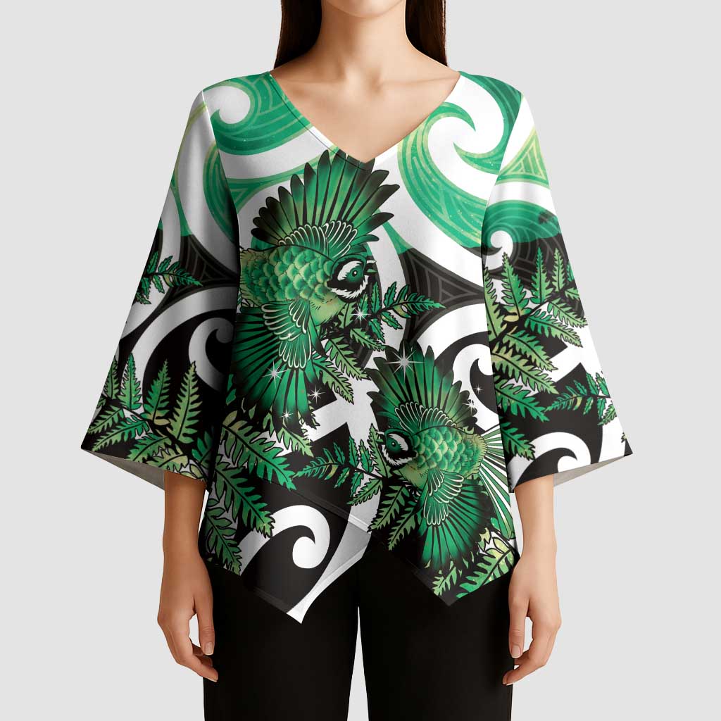 Piwakawaka New Zealand Matariki Kimono Sleeve Blouse Maori New Year Silver Fern Green Galaxy LT14 - Polynesian Pride
