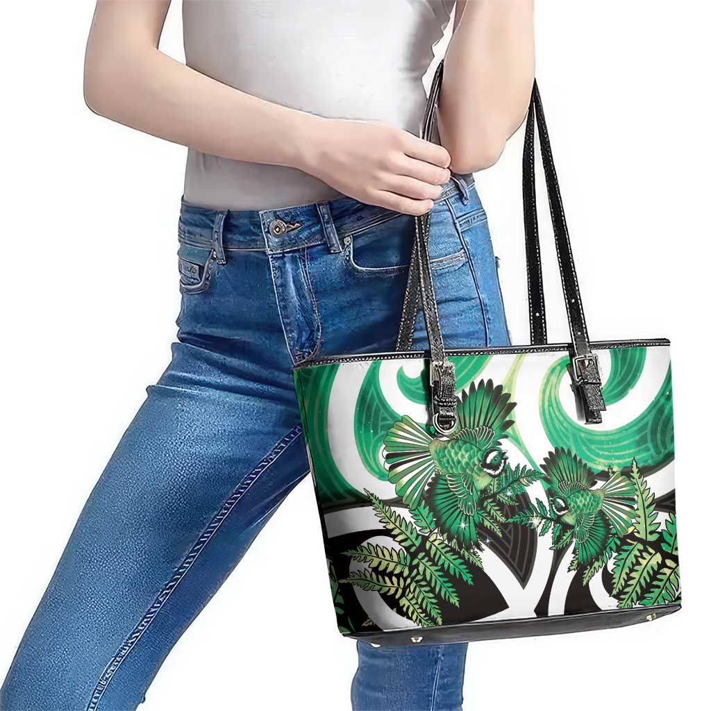Piwakawaka New Zealand Matariki Leather Tote Bag Maori New Year Silver Fern Green Galaxy LT14 - Polynesian Pride