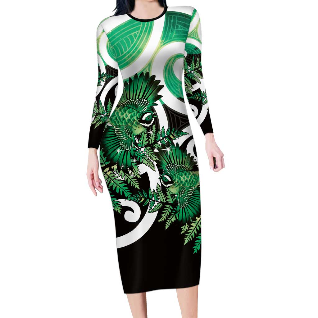 Piwakawaka New Zealand Matariki Long Sleeve Bodycon Dress Maori New Year Silver Fern Green Galaxy