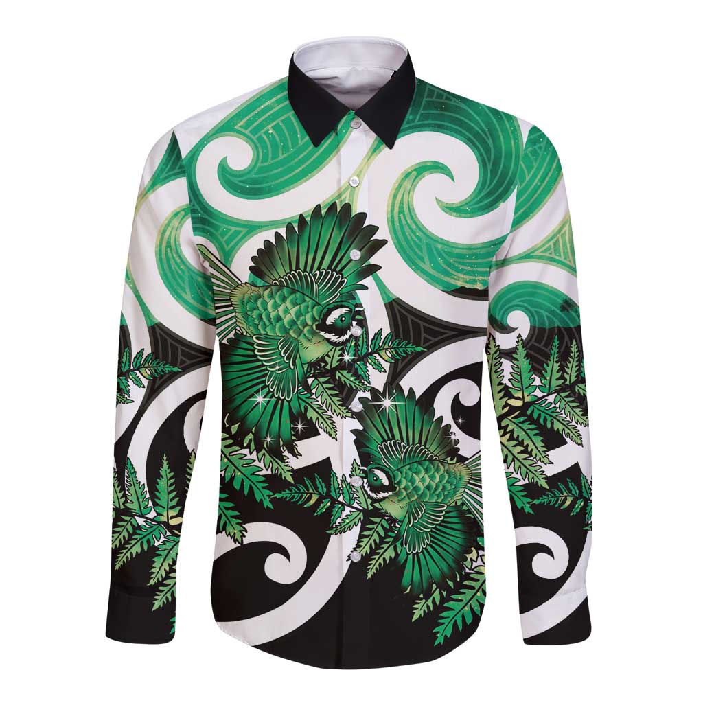 Piwakawaka New Zealand Matariki Long Sleeve Button Shirt Maori New Year Silver Fern Green Galaxy