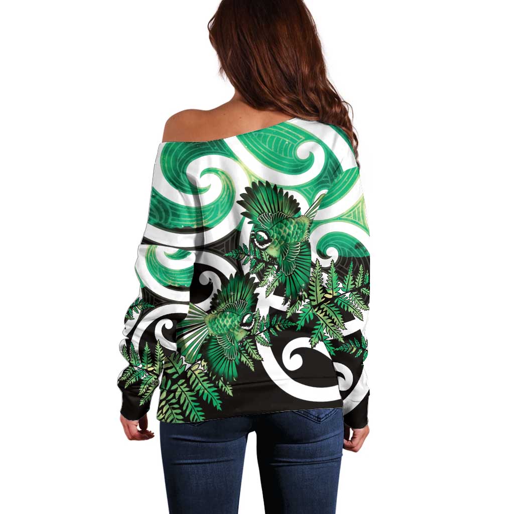 Piwakawaka New Zealand Matariki Off Shoulder Sweater Maori New Year Silver Fern Green Galaxy