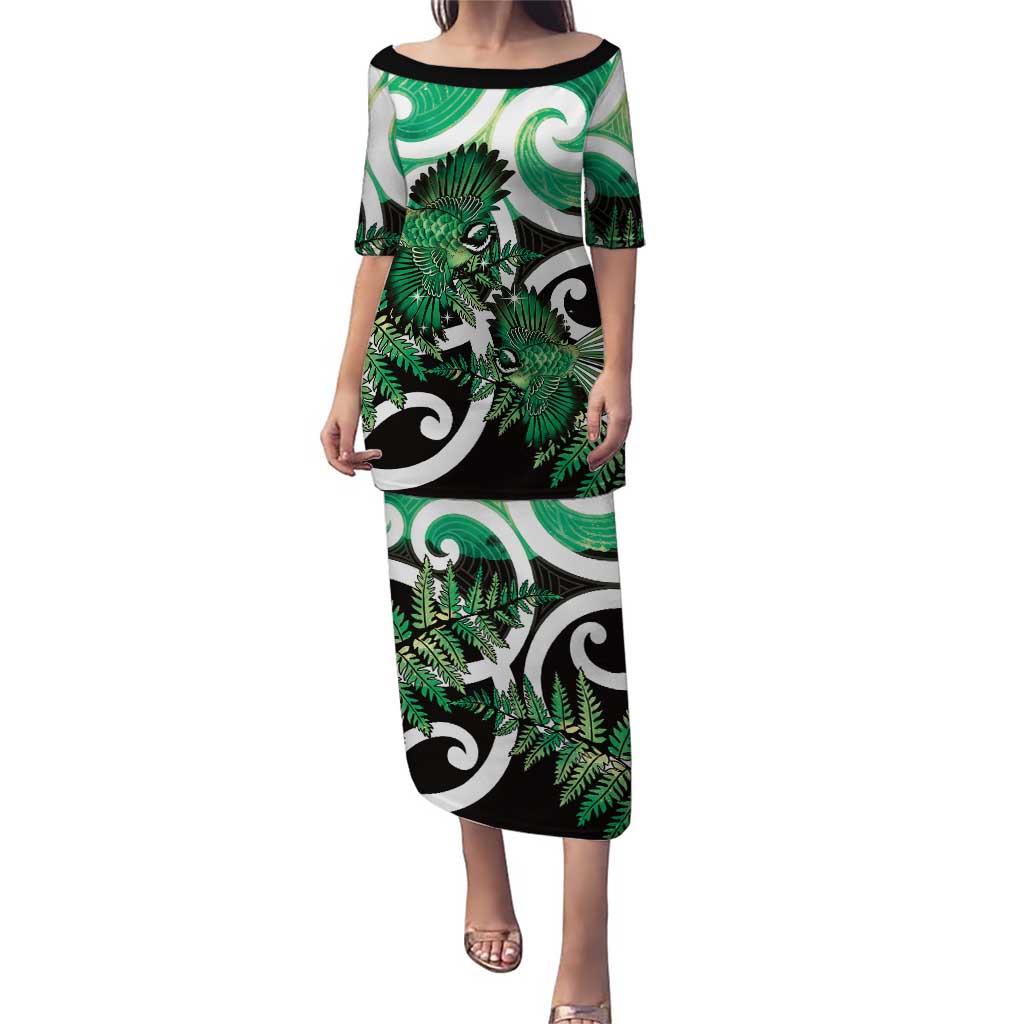 Piwakawaka New Zealand Matariki Puletasi Maori New Year Silver Fern Green Galaxy LT14 Long Dress Green - Polynesian Pride