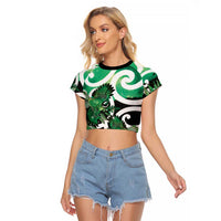 Piwakawaka New Zealand Matariki Raglan Cropped T Shirt Maori New Year Silver Fern Green Galaxy LT14 Female Green - Polynesian Pride
