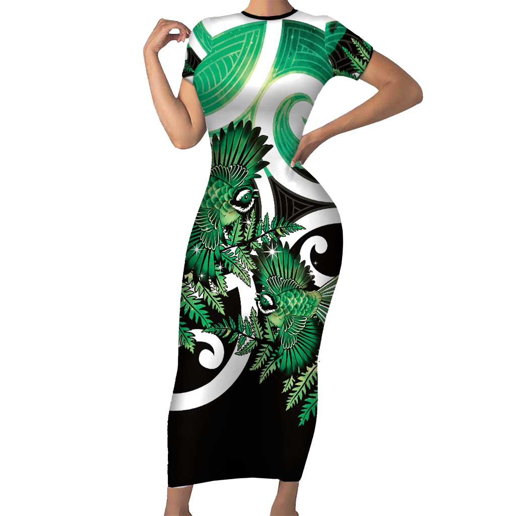 Piwakawaka New Zealand Matariki Short Sleeve Bodycon Dress Maori New Year Silver Fern Green Galaxy LT14 Long Dress Green - Polynesian Pride