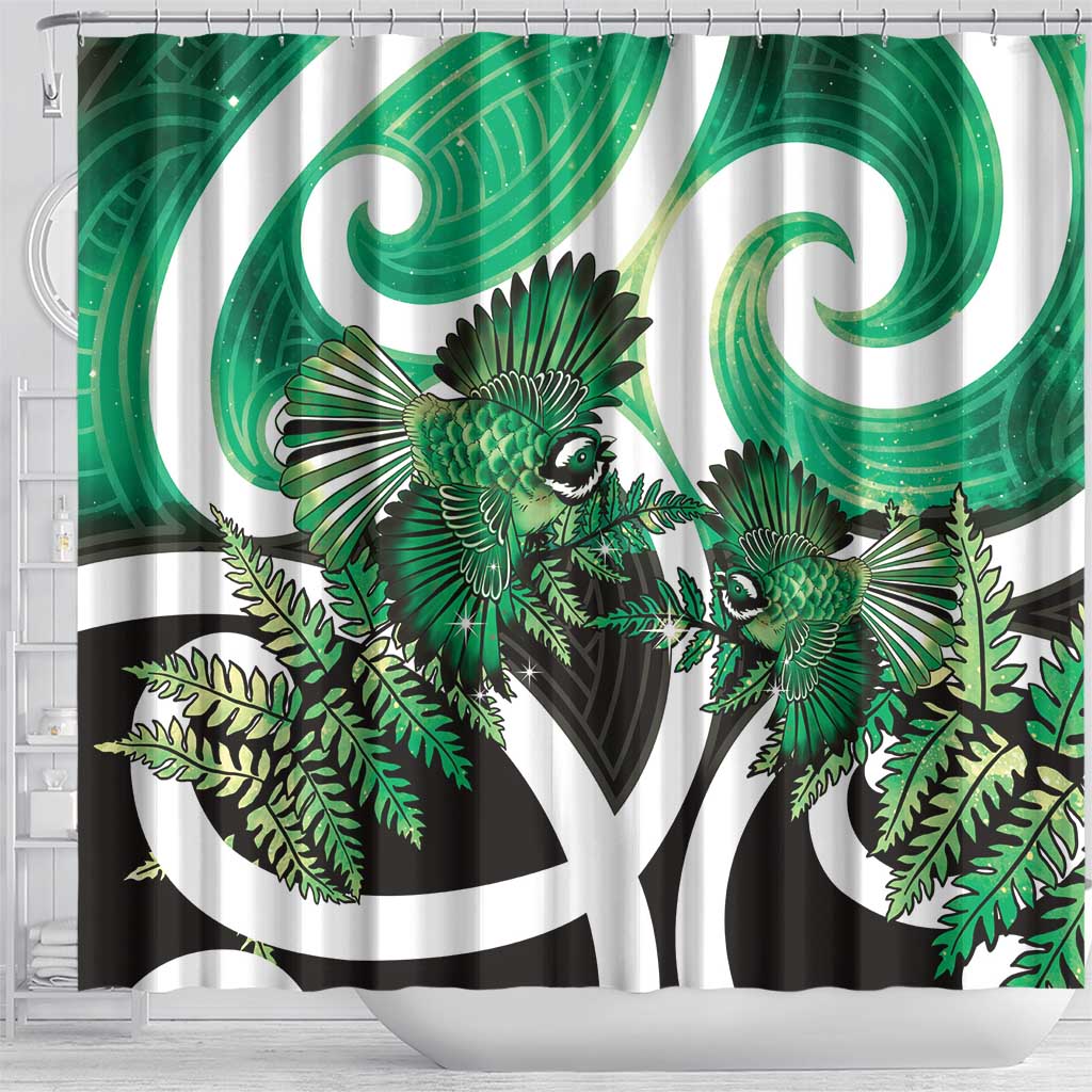 Piwakawaka New Zealand Matariki Shower Curtain Maori New Year Silver Fern Green Galaxy LT14 - Polynesian Pride