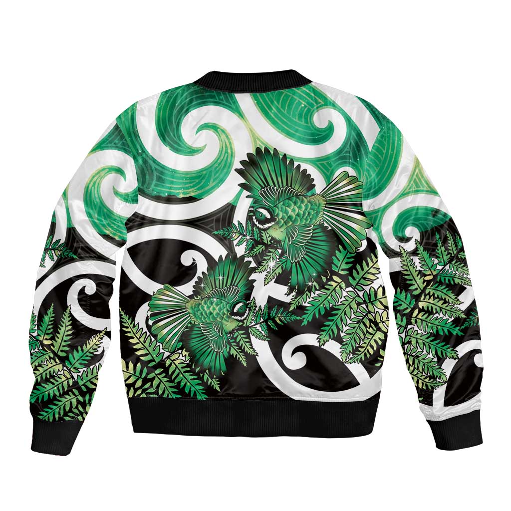 Piwakawaka New Zealand Matariki Sleeve Zip Bomber Jacket Maori New Year Silver Fern Green Galaxy