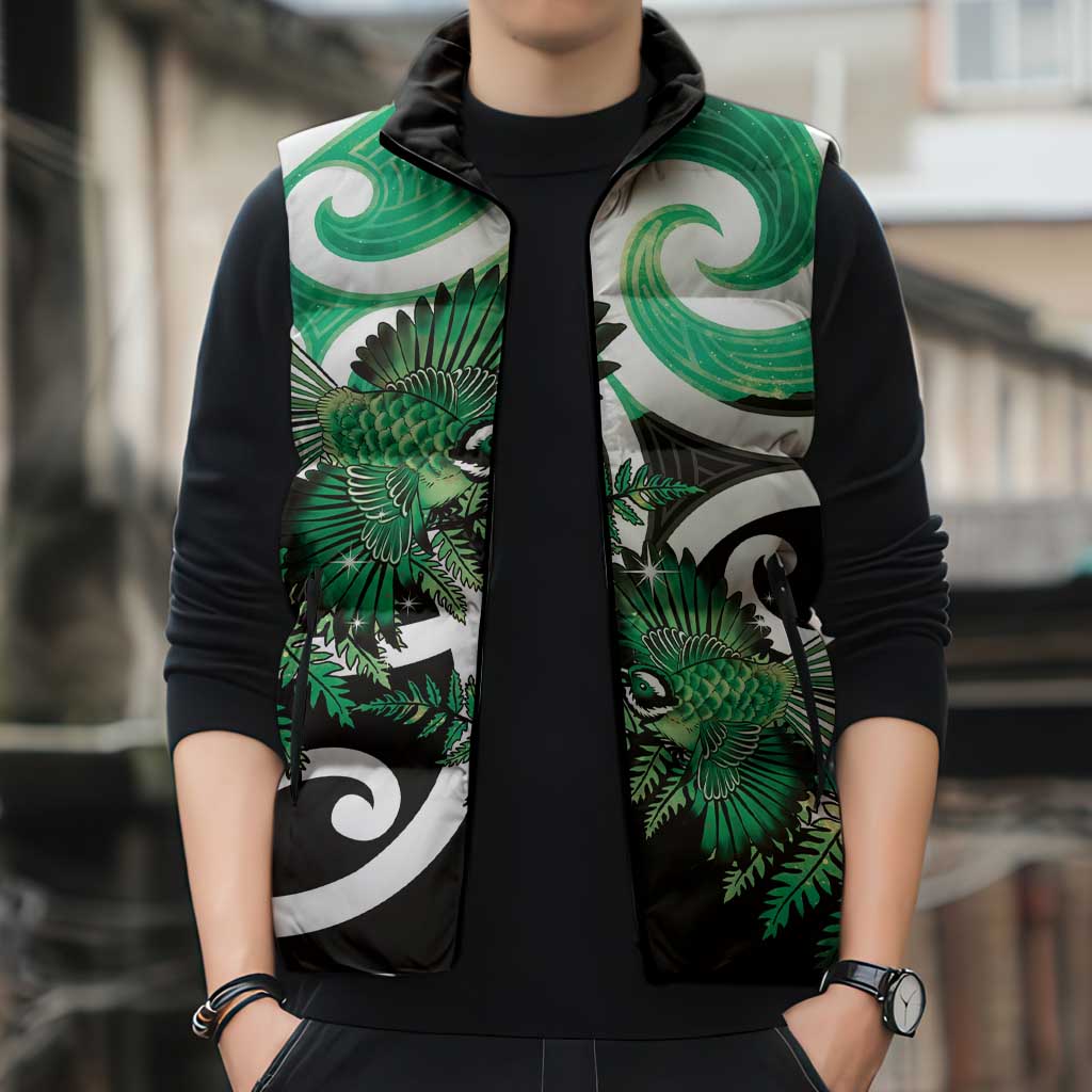 Piwakawaka New Zealand Matariki Sleeveless Puffer Jacket Maori New Year Silver Fern Green Galaxy