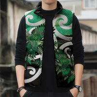Piwakawaka New Zealand Matariki Sleeveless Puffer Jacket Maori New Year Silver Fern Green Galaxy