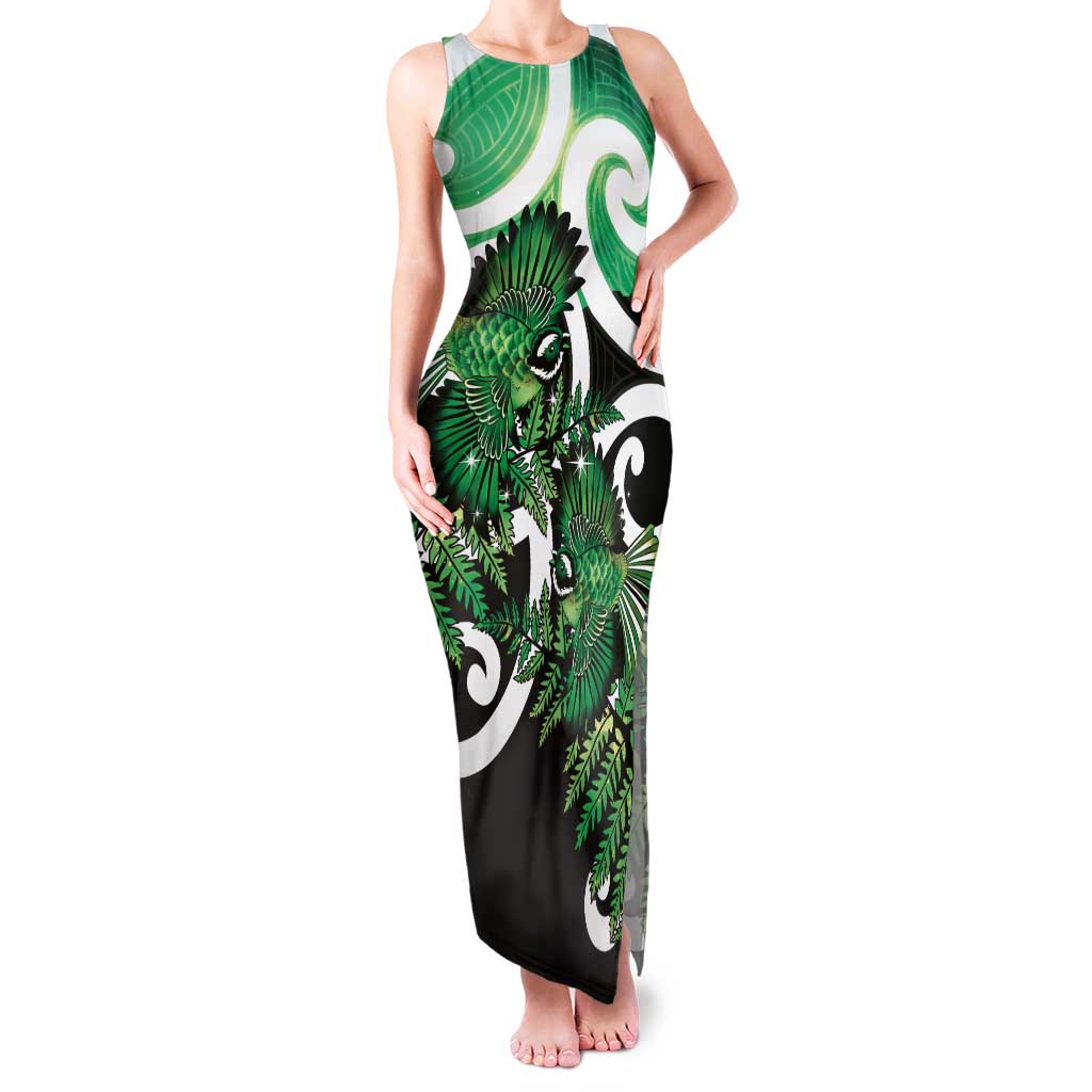 Piwakawaka New Zealand Matariki Tank Maxi Dress Maori New Year Silver Fern Green Galaxy