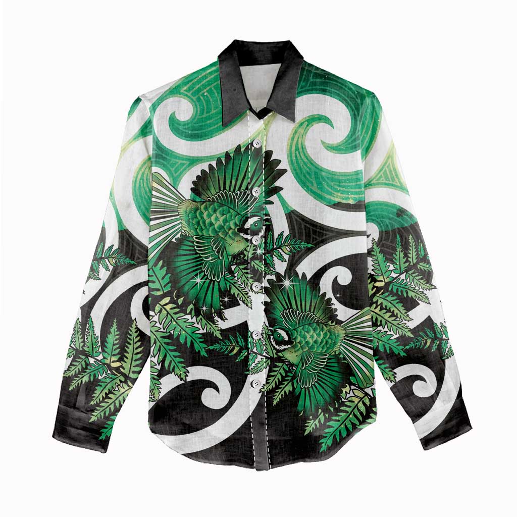 Piwakawaka New Zealand Matariki Women Casual Shirt Maori New Year Silver Fern Green Galaxy LT14 - Polynesian Pride