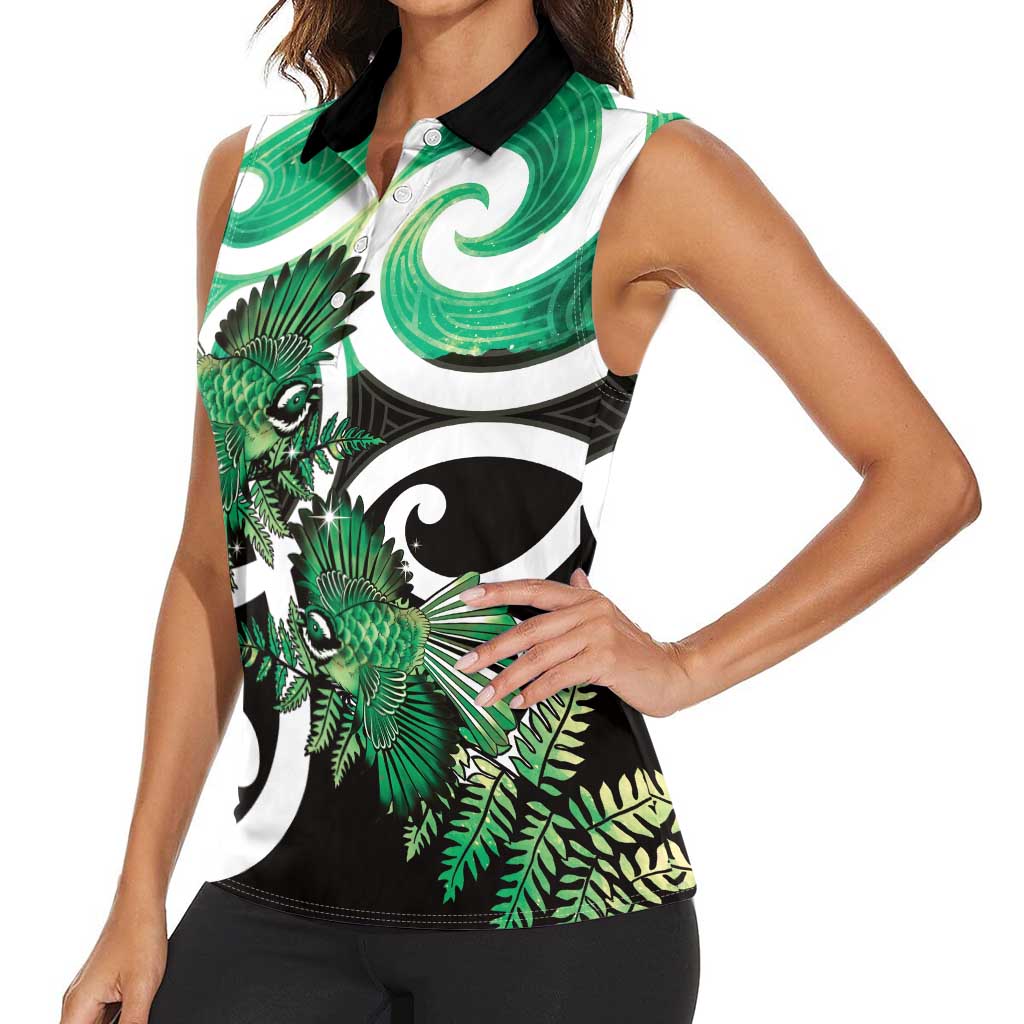 Piwakawaka New Zealand Matariki Women Sleeveless Polo Shirt Maori New Year Silver Fern Green Galaxy LT14 - Polynesian Pride