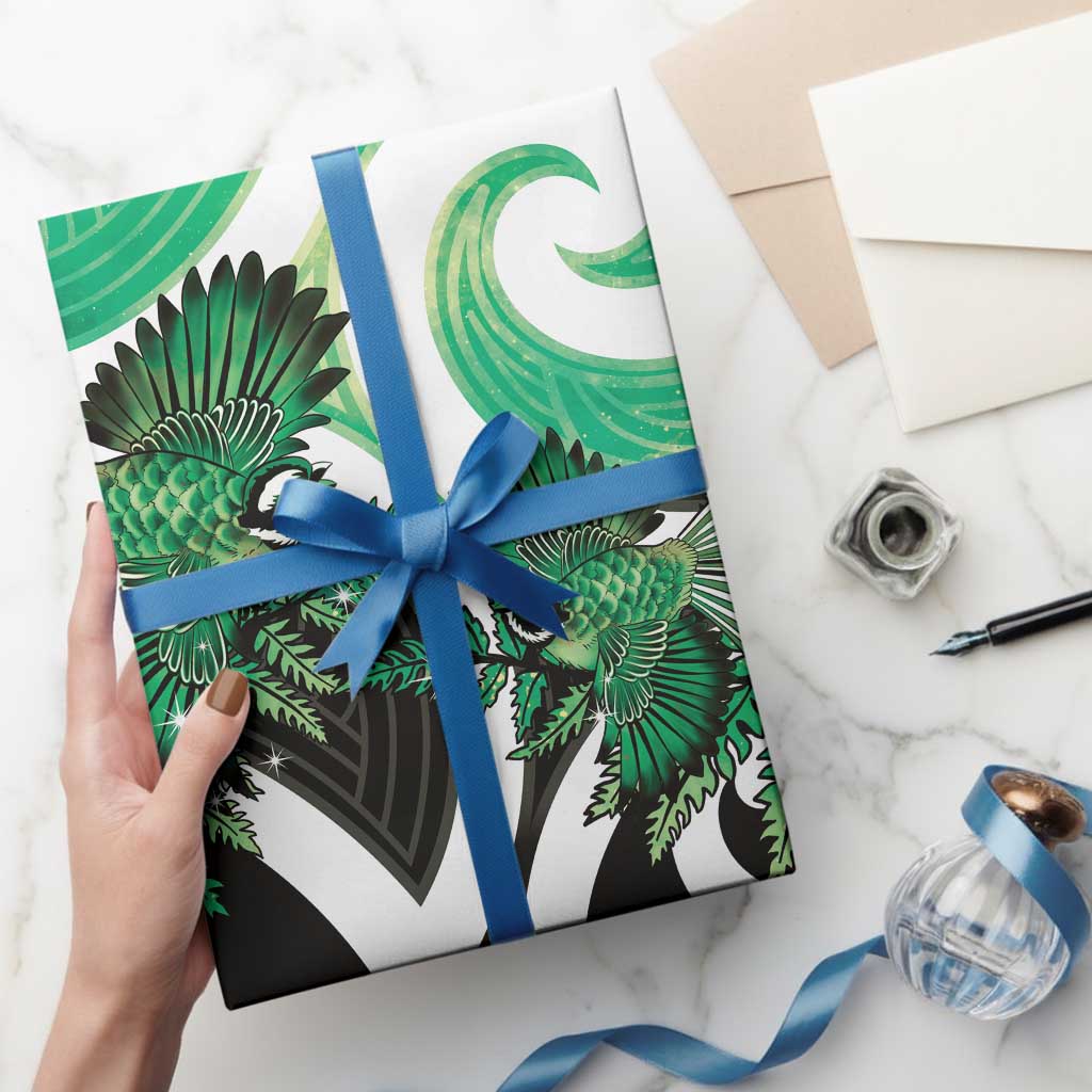 Piwakawaka New Zealand Matariki Wrapping Paper Maori New Year Silver Fern Green Galaxy