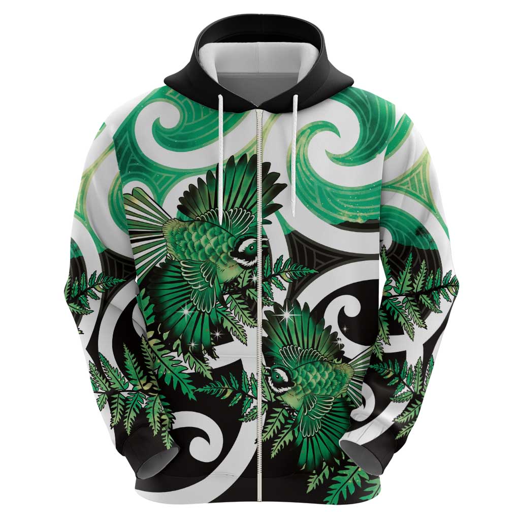 Piwakawaka New Zealand Matariki Zip Hoodie Maori New Year Silver Fern Green Galaxy LT14 - Polynesian Pride