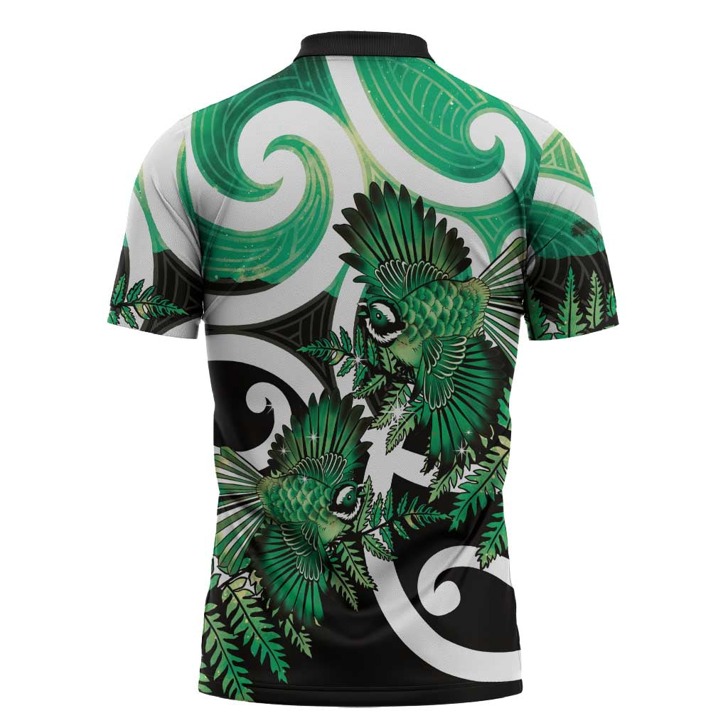 Piwakawaka New Zealand Matariki Zipper Polo Shirt Maori New Year Silver Fern Green Galaxy LT14 - Polynesian Pride