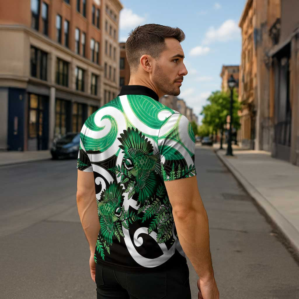 Piwakawaka New Zealand Matariki Zipper Polo Shirt Maori New Year Silver Fern Green Galaxy LT14 - Polynesian Pride