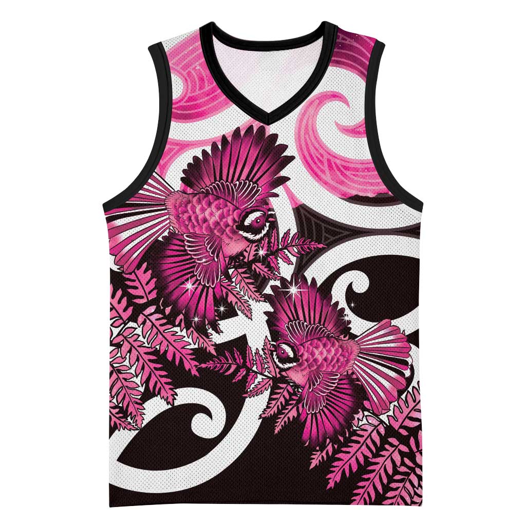 Piwakawaka New Zealand Matariki Basketball Jersey Maori New Year Silver Fern Pink Galaxy LT14 Unisex Pink - Polynesian Pride