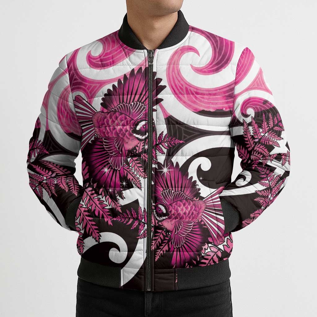 Piwakawaka New Zealand Matariki Bomber Puffer Jacket Maori New Year Silver Fern Pink Galaxy
