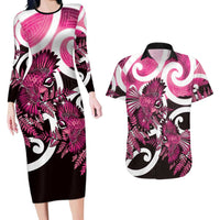 Piwakawaka New Zealand Matariki Couples Matching Long Sleeve Bodycon Dress and Hawaiian Shirt Maori New Year Silver Fern Pink Galaxy LT14 Pink - Polynesian Pride