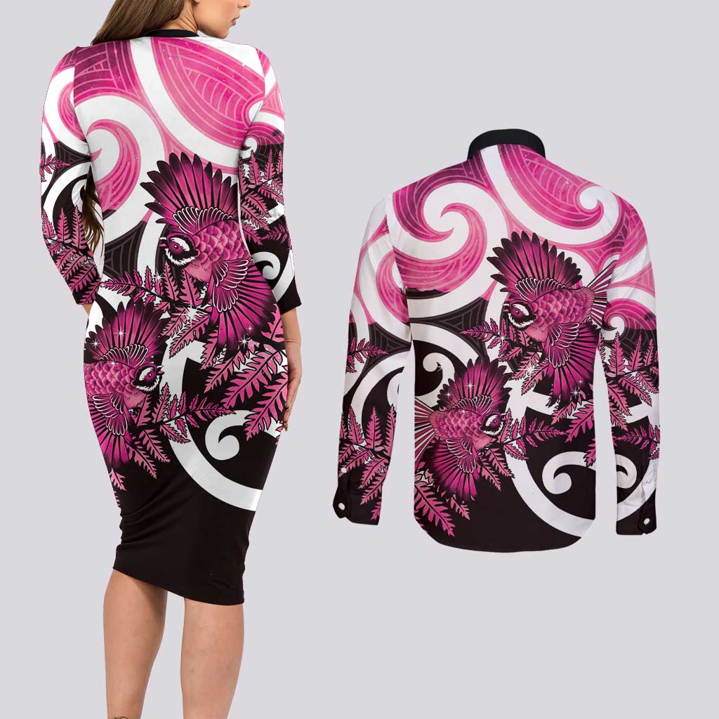 Piwakawaka New Zealand Matariki Couples Matching Long Sleeve Bodycon Dress and Long Sleeve Button Shirt Maori New Year Silver Fern Pink Galaxy LT14 - Polynesian Pride