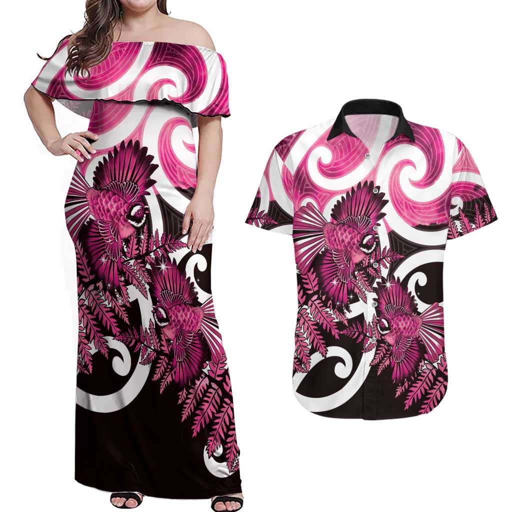 Piwakawaka New Zealand Matariki Couples Matching Off Shoulder Maxi Dress and Hawaiian Shirt Maori New Year Silver Fern Pink Galaxy LT14 Pink - Polynesian Pride