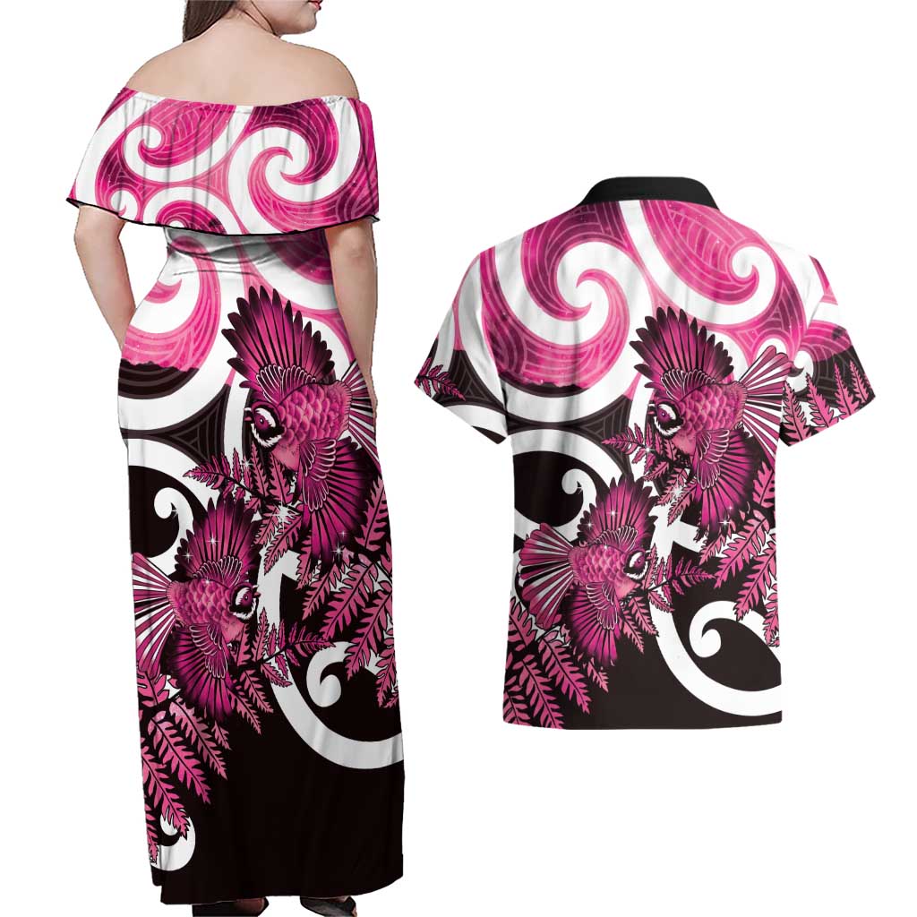 Piwakawaka New Zealand Matariki Couples Matching Off Shoulder Maxi Dress and Hawaiian Shirt Maori New Year Silver Fern Pink Galaxy LT14 - Polynesian Pride