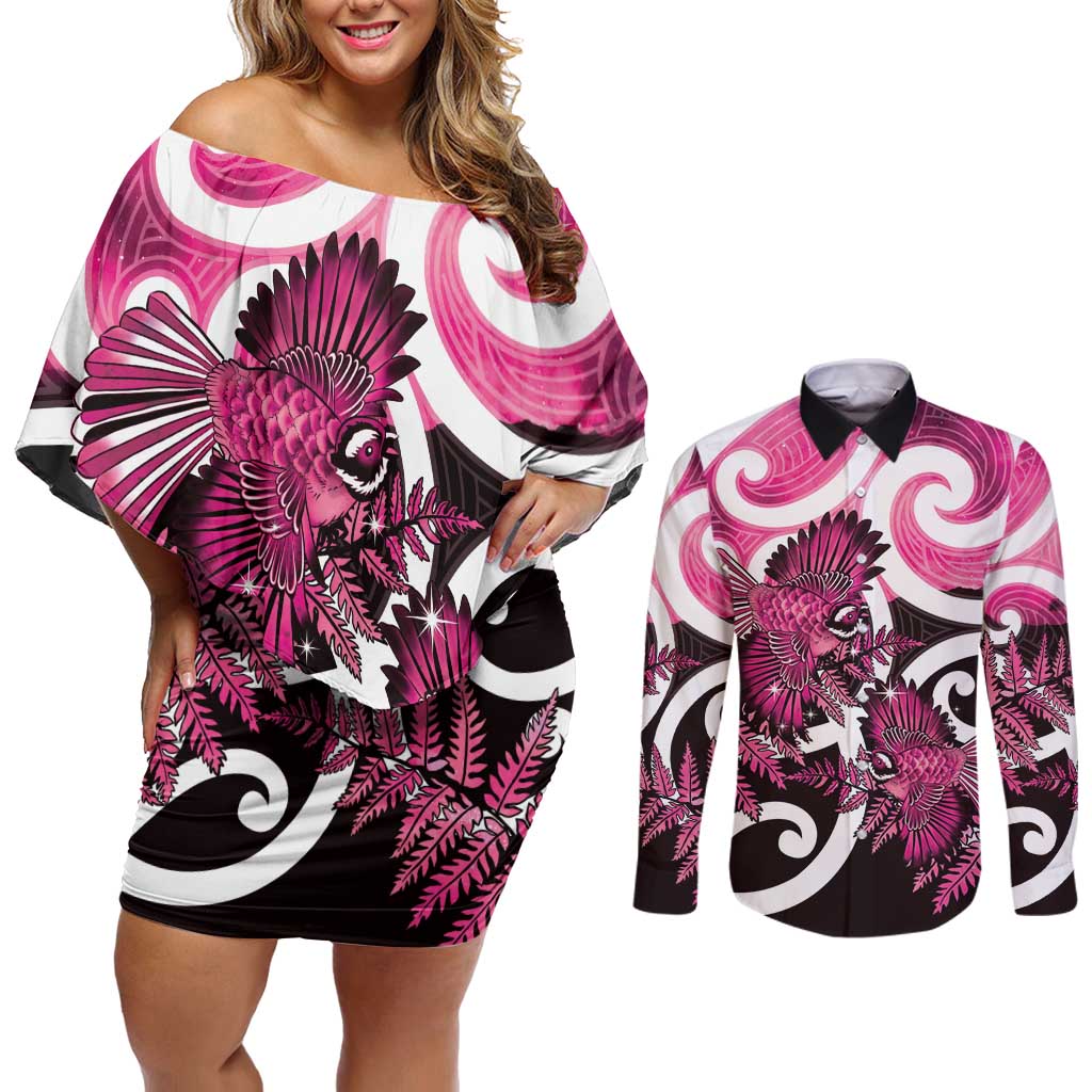 Piwakawaka New Zealand Matariki Couples Matching Off Shoulder Short Dress and Long Sleeve Button Shirt Maori New Year Silver Fern Pink Galaxy