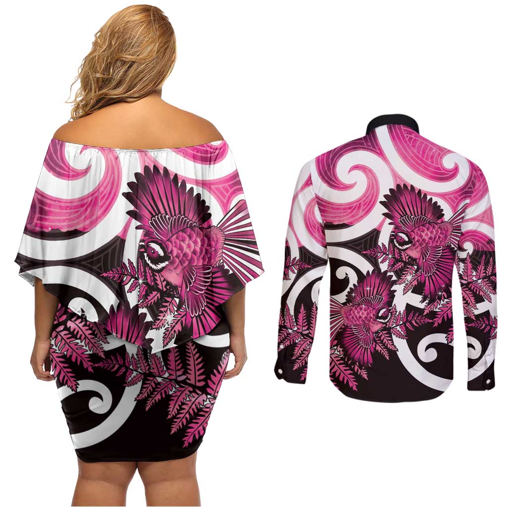 Piwakawaka New Zealand Matariki Couples Matching Off Shoulder Short Dress and Long Sleeve Button Shirt Maori New Year Silver Fern Pink Galaxy LT14 - Polynesian Pride
