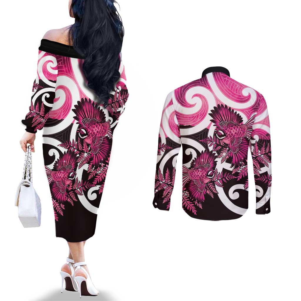 Piwakawaka New Zealand Matariki Couples Matching Off The Shoulder Long Sleeve Dress and Long Sleeve Button Shirt Maori New Year Silver Fern Pink Galaxy LT14 - Polynesian Pride