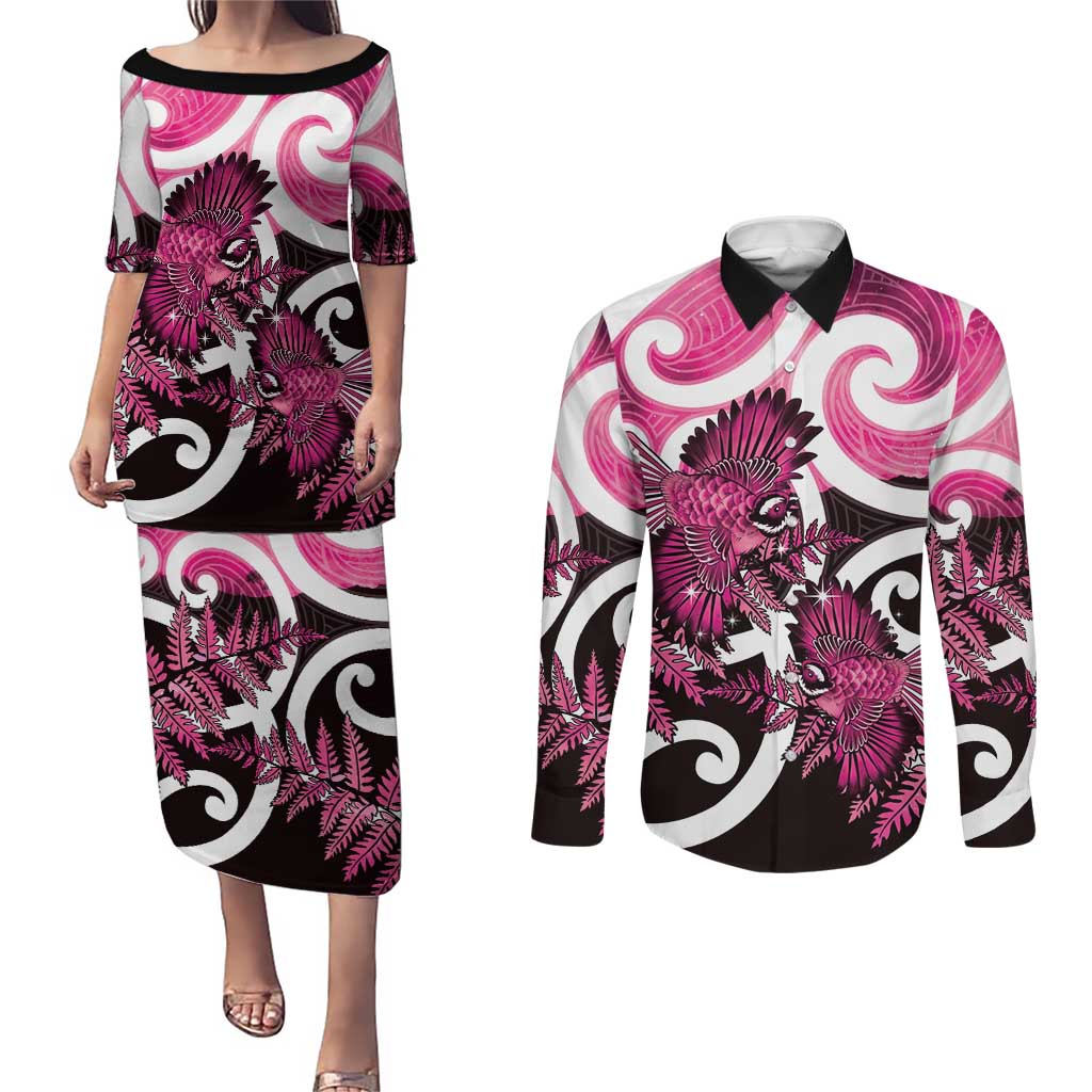 Piwakawaka New Zealand Matariki Couples Matching Puletasi and Long Sleeve Button Shirt Maori New Year Silver Fern Pink Galaxy