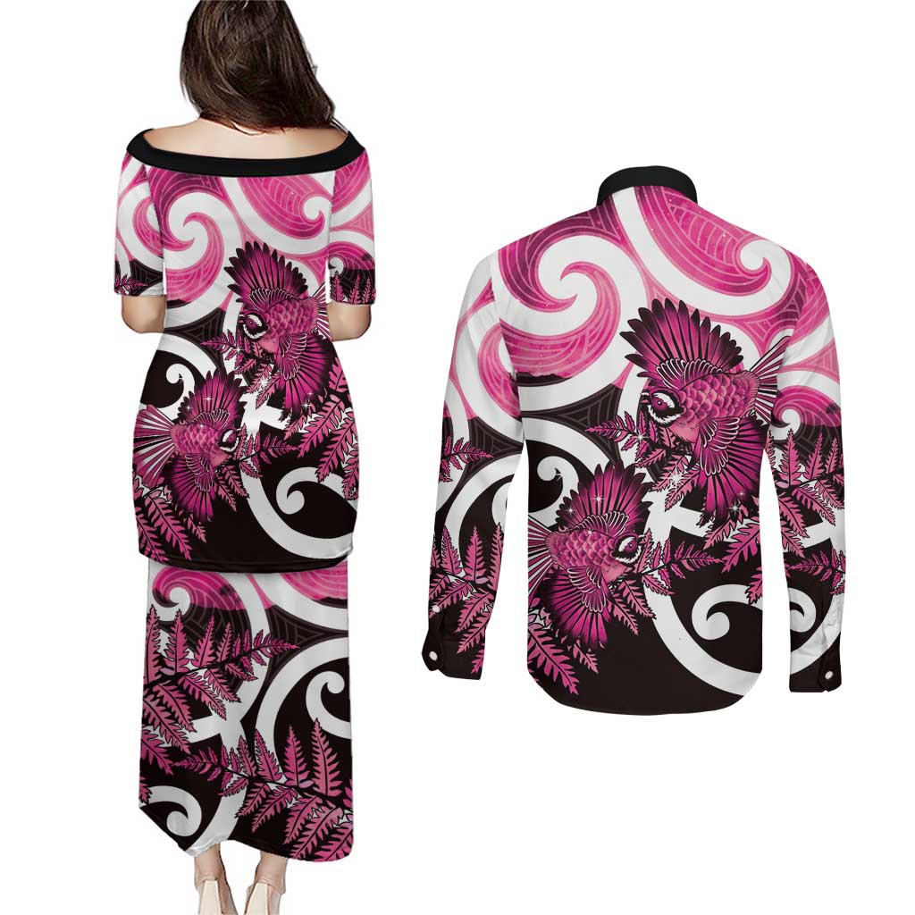 Piwakawaka New Zealand Matariki Couples Matching Puletasi and Long Sleeve Button Shirt Maori New Year Silver Fern Pink Galaxy LT14 - Polynesian Pride