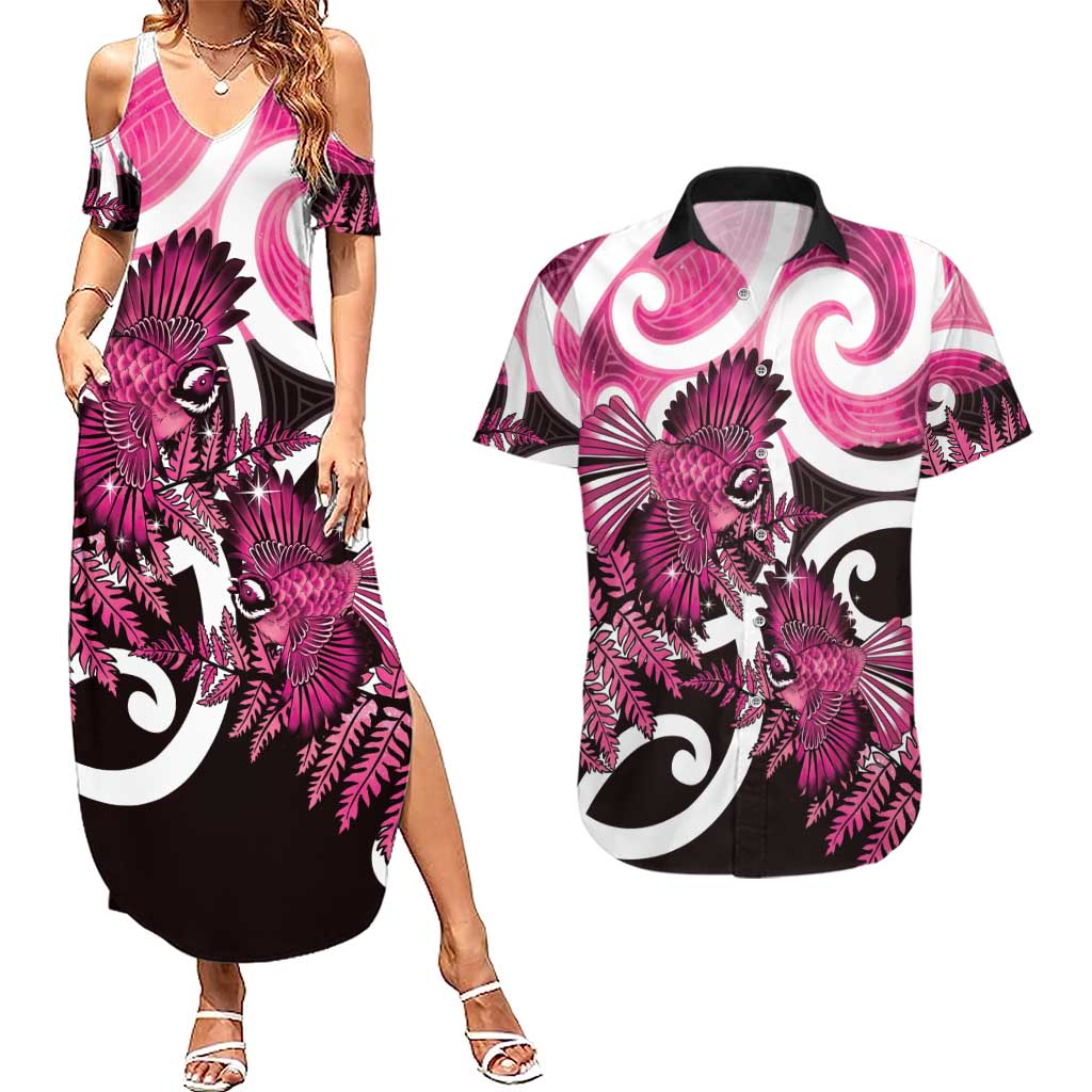 Piwakawaka New Zealand Matariki Couples Matching Summer Maxi Dress and Hawaiian Shirt Maori New Year Silver Fern Pink Galaxy LT14 Pink - Polynesian Pride