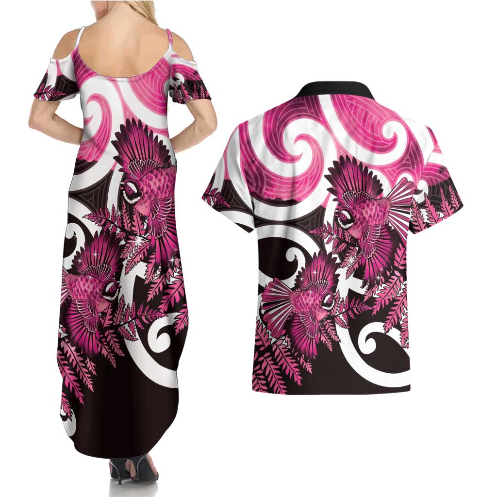 Piwakawaka New Zealand Matariki Couples Matching Summer Maxi Dress and Hawaiian Shirt Maori New Year Silver Fern Pink Galaxy LT14 - Polynesian Pride