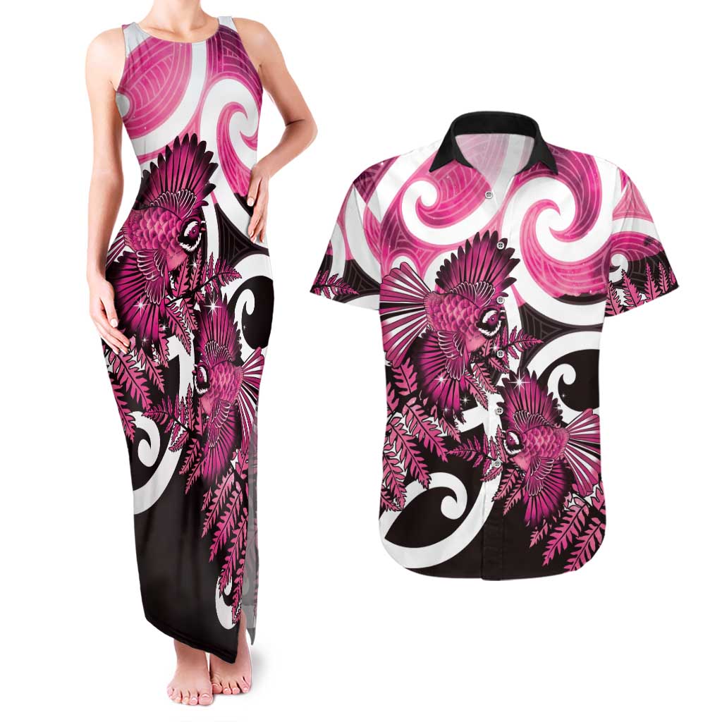 Piwakawaka New Zealand Matariki Couples Matching Tank Maxi Dress and Hawaiian Shirt Maori New Year Silver Fern Pink Galaxy LT14 Pink - Polynesian Pride