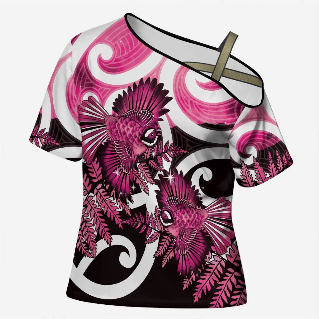 Piwakawaka New Zealand Matariki Cross Shoulder Shirt Maori New Year Silver Fern Pink Galaxy LT14 Female Pink - Polynesian Pride