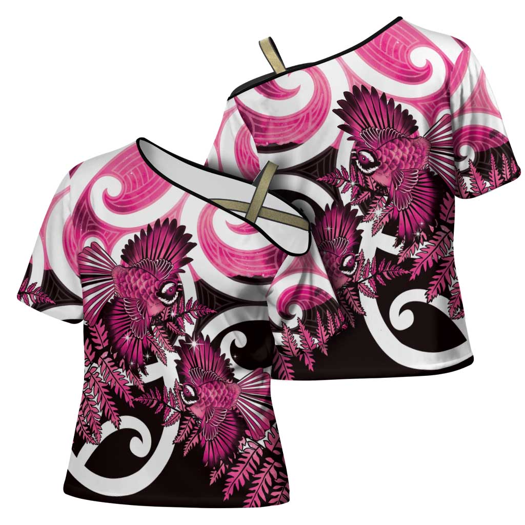 Piwakawaka New Zealand Matariki Cross Shoulder Shirt Maori New Year Silver Fern Pink Galaxy LT14 - Polynesian Pride