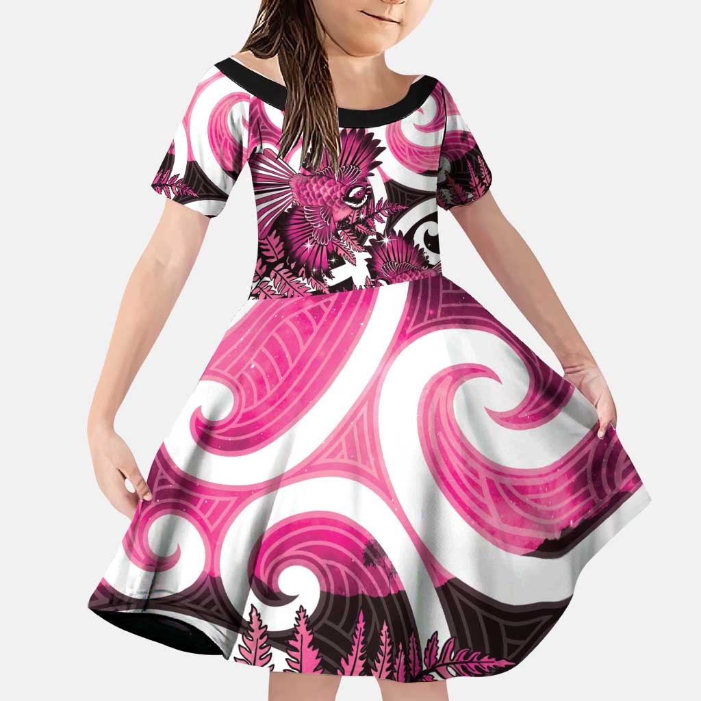 Piwakawaka New Zealand Matariki Family Matching Mermaid Dress and Hawaiian Shirt Maori New Year Silver Fern Pink Galaxy LT14 Daughter's Dress Pink - Polynesian Pride