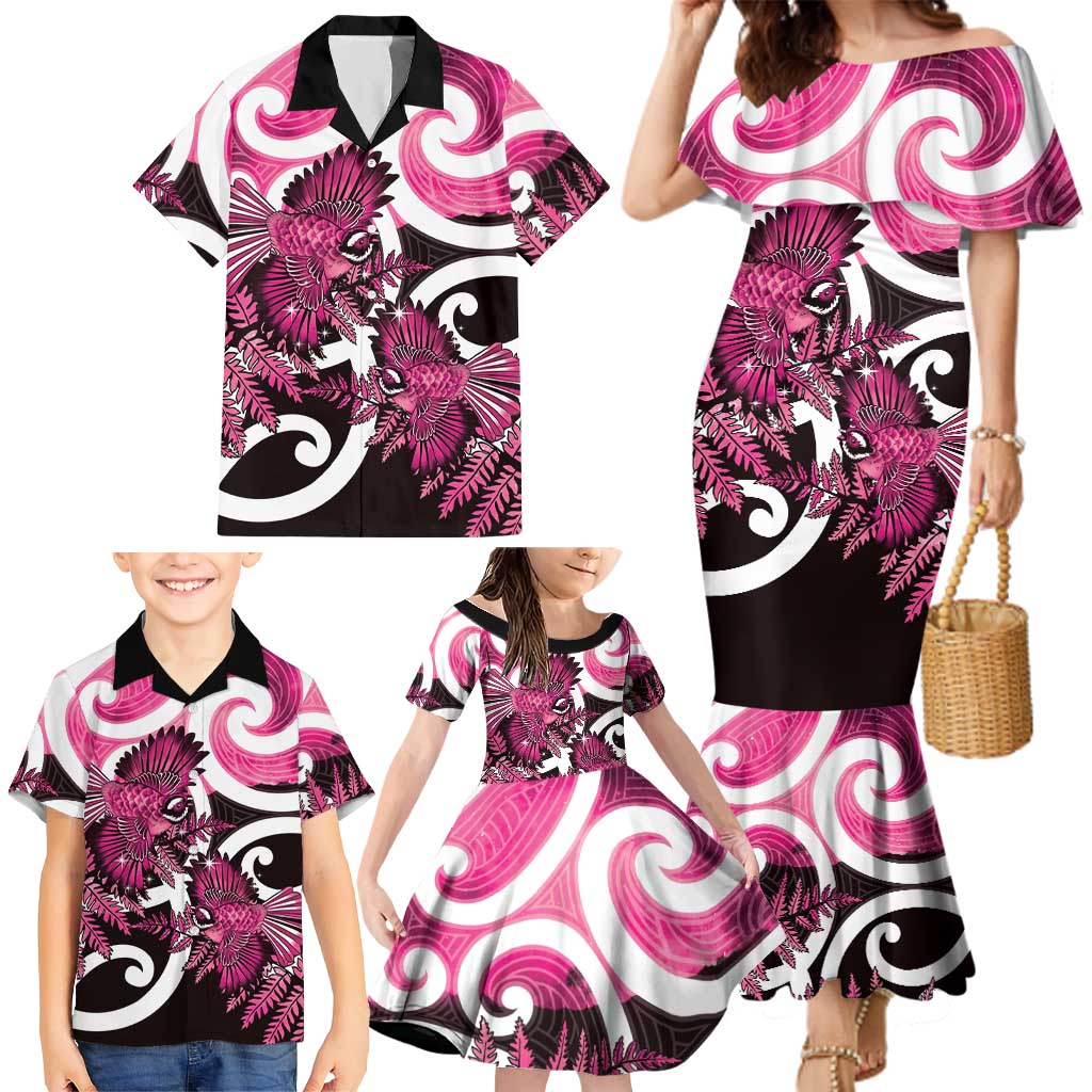Piwakawaka New Zealand Matariki Family Matching Mermaid Dress and Hawaiian Shirt Maori New Year Silver Fern Pink Galaxy