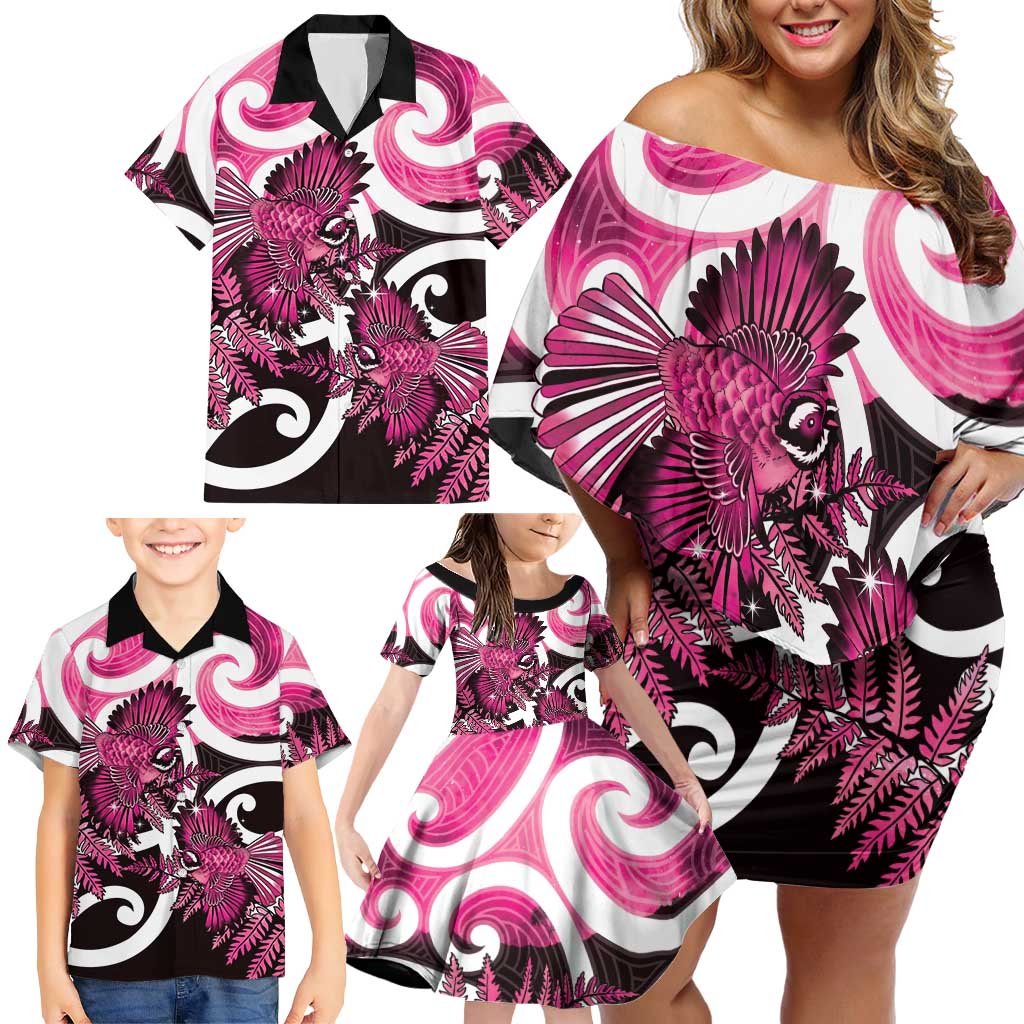 Piwakawaka New Zealand Matariki Family Matching Off Shoulder Short Dress and Hawaiian Shirt Maori New Year Silver Fern Pink Galaxy