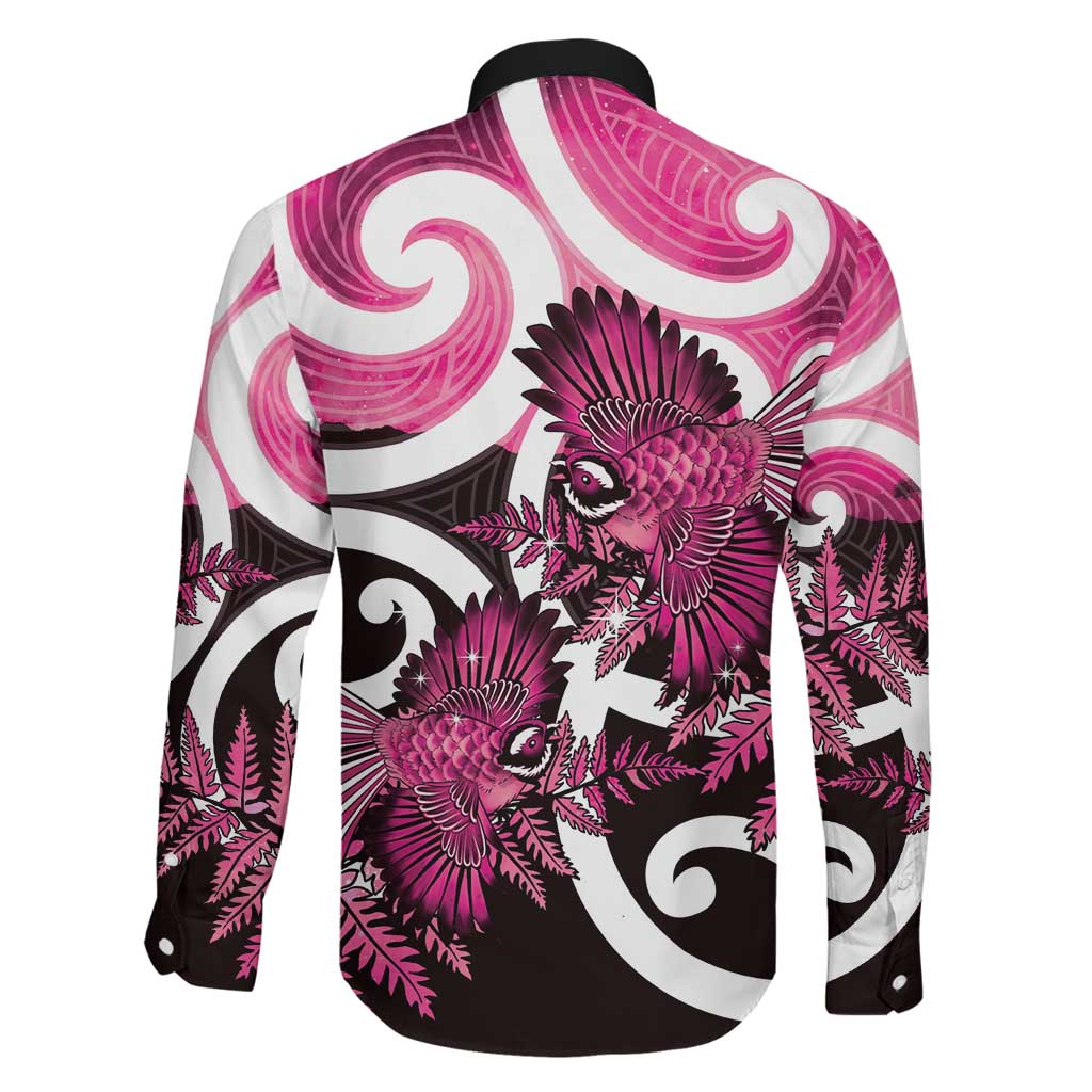 Piwakawaka New Zealand Matariki Family Matching Off Shoulder Short Dress and Hawaiian Shirt Maori New Year Silver Fern Pink Galaxy LT14 - Polynesian Pride