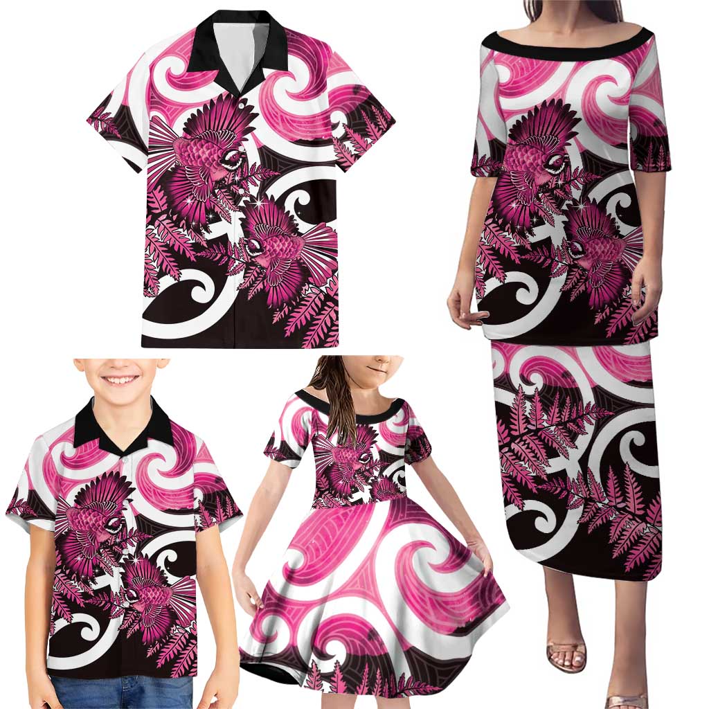 Piwakawaka New Zealand Matariki Family Matching Puletasi and Hawaiian Shirt Maori New Year Silver Fern Pink Galaxy LT14 - Polynesian Pride