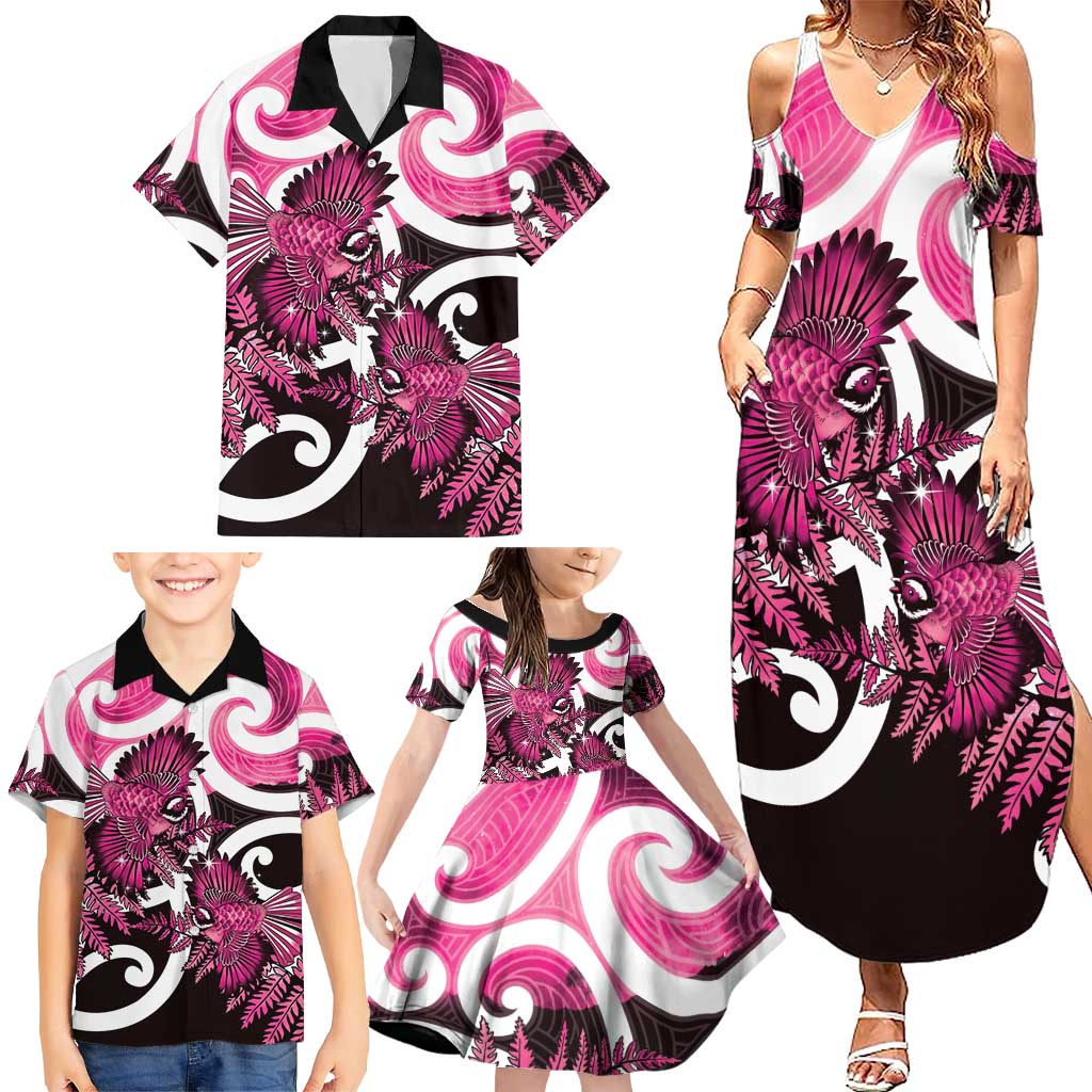 Piwakawaka New Zealand Matariki Family Matching Summer Maxi Dress and Hawaiian Shirt Maori New Year Silver Fern Pink Galaxy