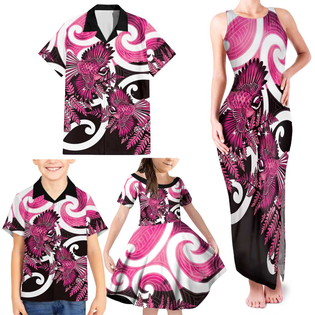 Piwakawaka New Zealand Matariki Family Matching Tank Maxi Dress and Hawaiian Shirt Maori New Year Silver Fern Pink Galaxy LT14 - Polynesian Pride