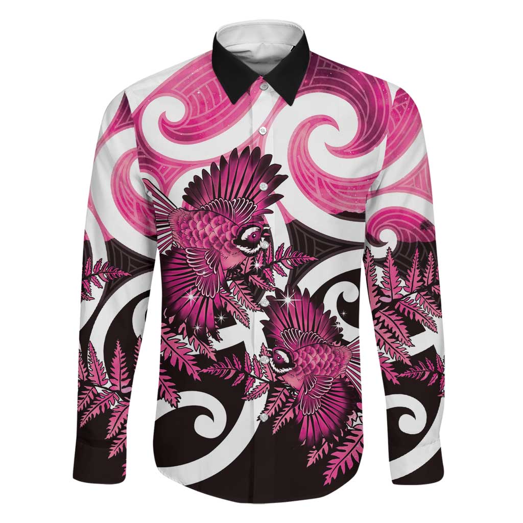 Piwakawaka New Zealand Matariki Family Matching Tank Maxi Dress and Hawaiian Shirt Maori New Year Silver Fern Pink Galaxy LT14 Dad's Shirt - Long Sleeve Pink - Polynesian Pride
