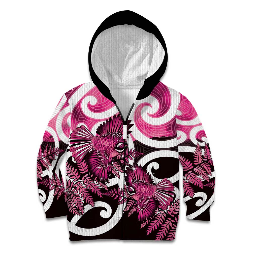 Piwakawaka New Zealand Matariki Kid Hoodie Maori New Year Silver Fern Pink Galaxy LT14 Zip Hoodie Pink - Polynesian Pride