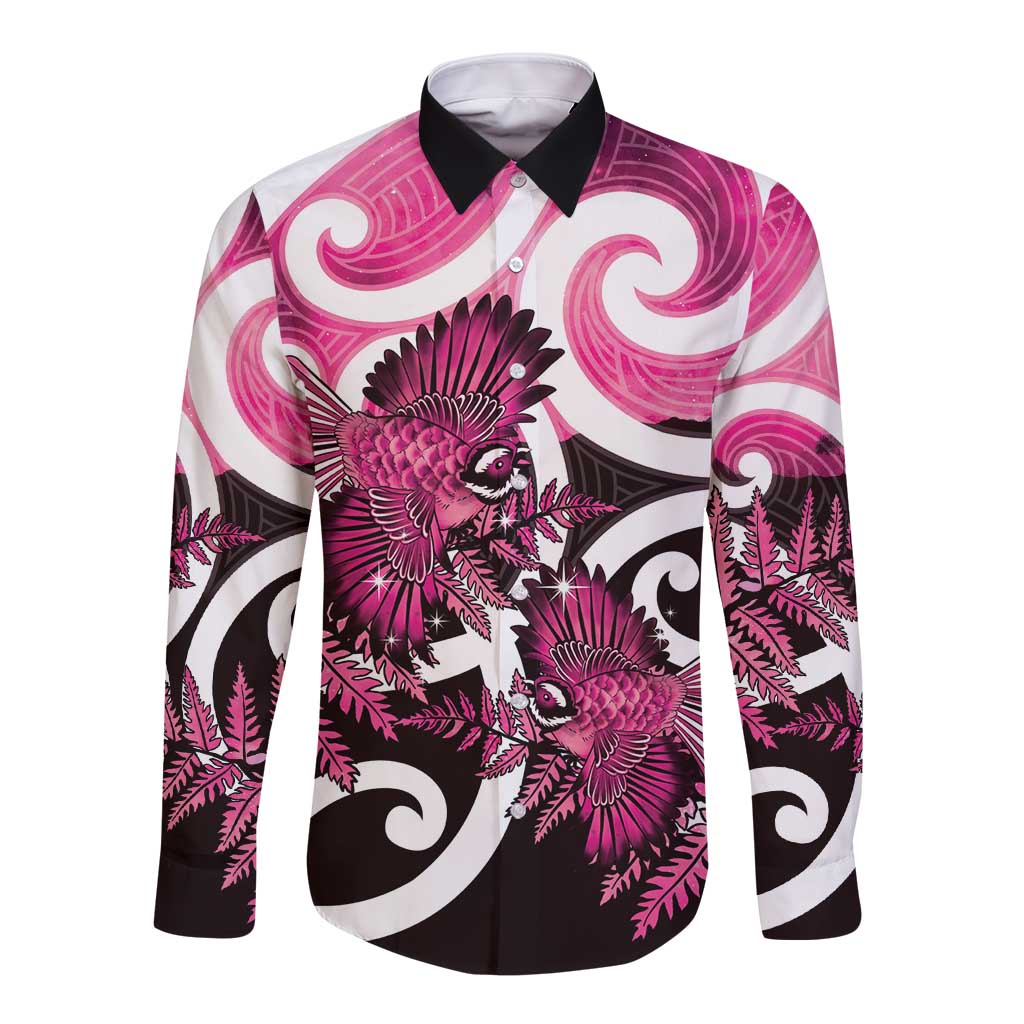 Piwakawaka New Zealand Matariki Long Sleeve Button Shirt Maori New Year Silver Fern Pink Galaxy