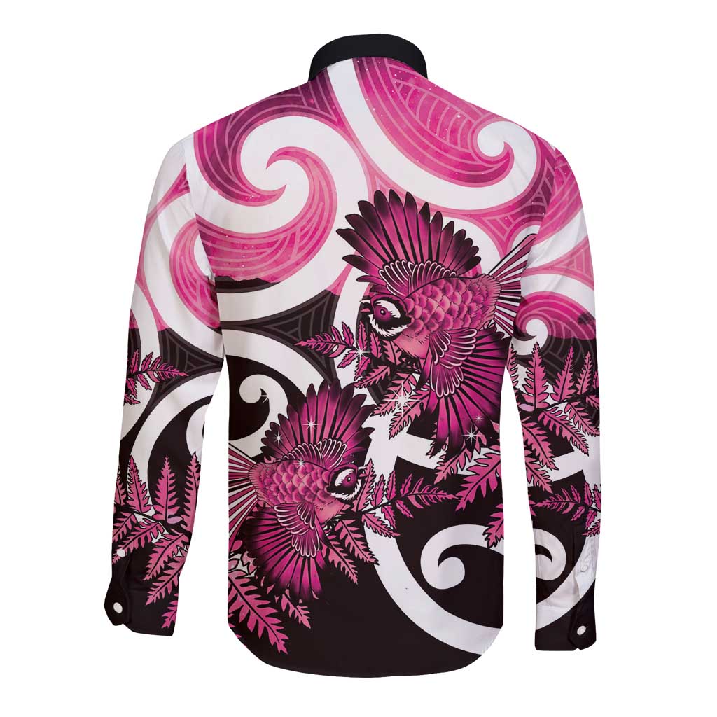 Piwakawaka New Zealand Matariki Long Sleeve Button Shirt Maori New Year Silver Fern Pink Galaxy LT14 - Polynesian Pride