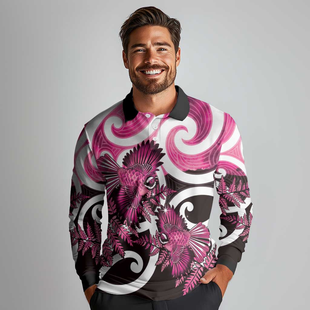 Piwakawaka New Zealand Matariki Long Sleeve Polo Shirt Maori New Year Silver Fern Pink Galaxy LT14 - Polynesian Pride